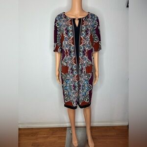 Sandra Darren Dress Wine Mutli L Large Short Sleeve Stretch Sheath Washable Fall